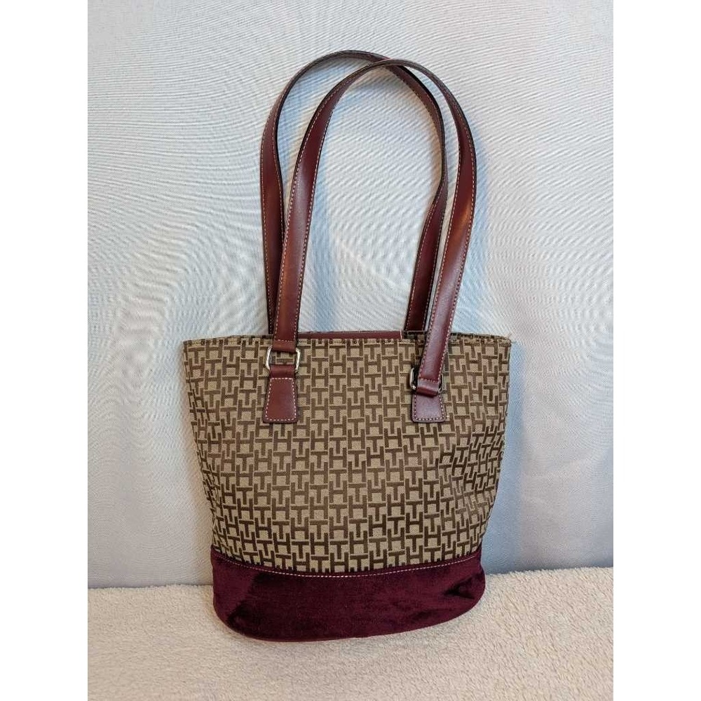 Tommy Hilfiger Monogram Tote Bag Burgundy Leather Trim Shoulder‎ Bag - Picture 2 of 11